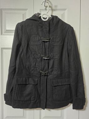 Black Hooded Wool Blend Pea Coat Jacket, Zip Closure w/Buttons & Pockets, Small